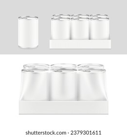Hight realistic multipack 3x2 can with easy-open lid mockup. Vector illustration isolated on grey background. Easy to use for presentation your product, idea, design. EPS10.