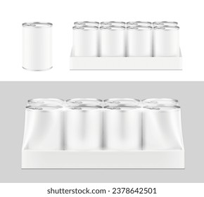 Hight realistic multipack 4x2 can with easy-open lid mockup. Vector illustration isolated on grey background. Easy to use for presentation your product, idea, design. EPS10.