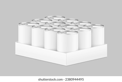 Hight realistic tin can with easy-open lid mockup multipack 4x3 mockup. Vector illustration isolated on grey background. Easy to use for presentation your product, idea, design. EPS10.