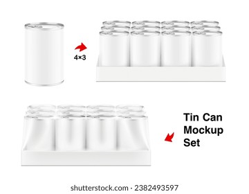 Hight realistic tin can multipack 4x3  mockup. Vector illustration isolated on white background. Easy to use for presentation your product, idea, design. EPS10.