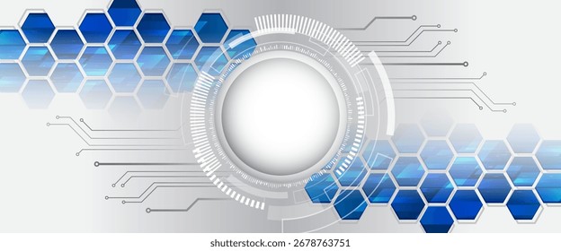 Fundo abstrato de alta tecnologia com hexágonos azuis, linhas digitais e uma interface circular futurista em um fundo de gradiente de luz, simbolizando inovação e tecnologia moderna.