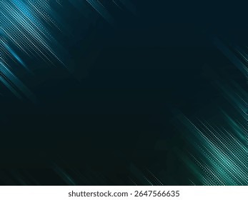 High-tech abstract background featuring diagonal glowing light streaks and halftone dot patterns on a dark blue-green gradient. Ideal for tech, digital, and futuristic design applications.