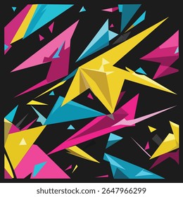 High-tech abstract geometric background, sharp diagonal blocks and lines in bright magenta, turquoise, and gold, with split background (half dark, half light). Clean flat vector, dynamic layout, moder