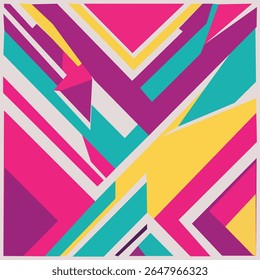 High-tech abstract geometric background, sharp diagonal blocks and lines in bright magenta, turquoise, and gold, with split background (half dark, half light). Clean flat vector, dynamic layout, moder