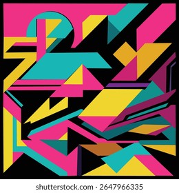 Fundo geométrico abstrato de alta tecnologia, blocos diagonais afiados e linhas em magenta brilhante, turquesa e ouro, com fundo dividido (metade escuro, meia luz). Vetor plano limpo, layout dinâmico, moderno
