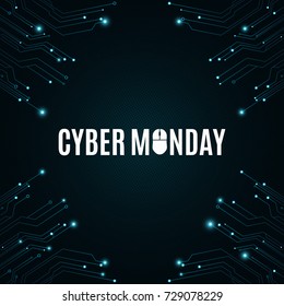 High-tech background from a computer circuit board for a cyber sale Monday. Computer mouse. Great sale. Glowing neon blue connectors. Vector illustration