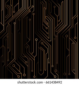 High-tech background of orange color from a computer board with LEDs and neon connectors. Computer circuit. Vector illustration. EPS 8