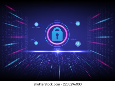 High-tech background, technology. Padlock. Information security system. For internet online, search and business. Binary numbers, circuits, glowing on blue gradient background.