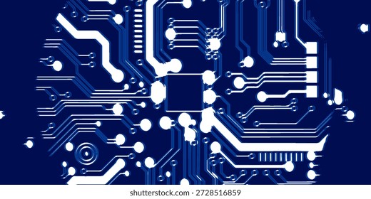 Un fondo azul de alta tecnología con intrincados patrones de circuitos blancos y un aspecto de microchip central. Ideal para temas de tecnología, electrónica e innovación en Fotos de stock 