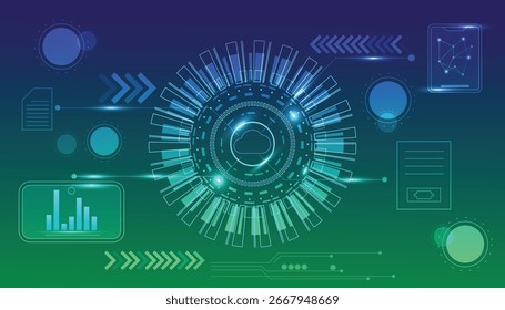 A high-tech business dashboard with various data icons, charts, and a central cloud motif. It visualizes concepts of modern technology, data analytics, and corporate innovation.