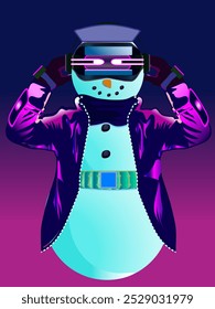 High-tech christmas snowman in virtual reality glasses and cyberpunk costume with led lights isolated on purple background vector illustration