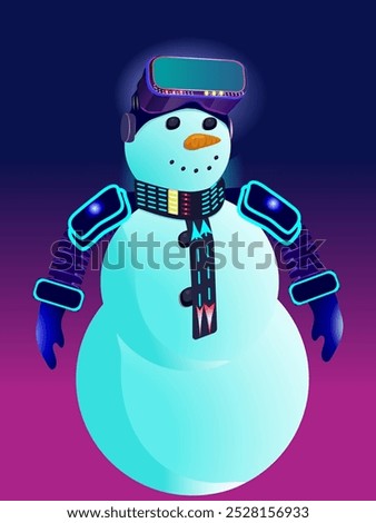 High-tech christmas snowman in virtual reality glasses and cyberpunk costume with led lights isolated on purple background vector illustration