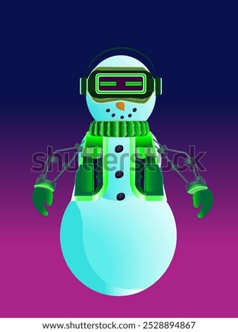High-tech christmas snowman in virtual reality glasses and cyberpunk costume with led lights isolated on purple background vector illustration