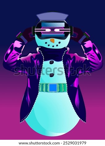 High-tech christmas snowman in virtual reality glasses and cyberpunk costume with led lights isolated on purple background vector illustration