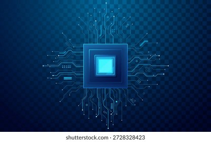 High-tech circuit chip with glowing core and wires on transparent background. Blue semiconductor design perfect for tech projects, presentations, digital interfaces. Technology vector illustration