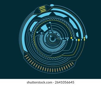A high-tech circular user interface panel featuring glowing blue and orange HUD elements, designed in a sci-fi futuristic style. Perfect for digital dashboards, control panels, tech presentations, and
