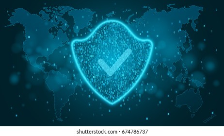 High-tech computer concept. A blue glowing neon shield made of binary code. Check mark. The system is protected. Map of the planet earth. The dark scene. Vector illustration