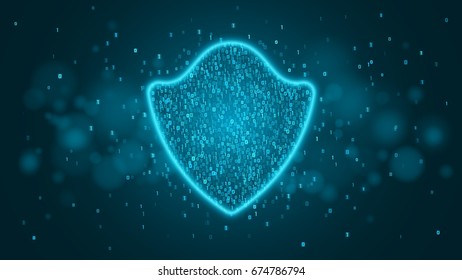 High-tech computer concept. A blue glowing neon shield made of binary code. The system is protected. Vector illustration