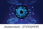 A high-tech concept of a digital eye scanning system with biometric HUD interfaces for cybersecurity and identification.