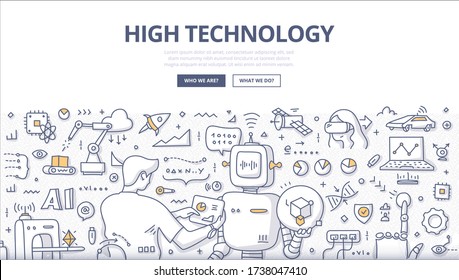 High-tech concept. The engineer programs the robot. Artificial intelligence in the production of goods and services. Cutting edge technology in manufacturing & business. Doodle abstract illustrations