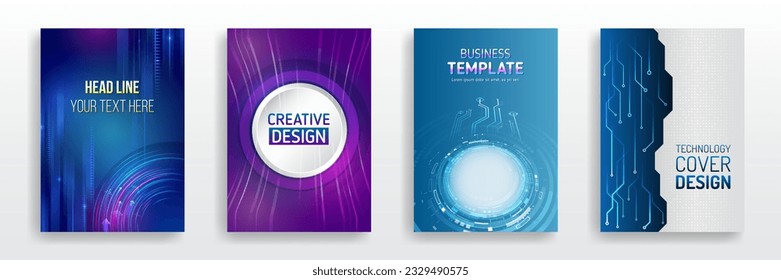 High-tech corporate document cover design. Blue set of hi-tech covers for presentation and marketing. Futuristic design for medical, scientific, computer flyers, brochures, and webinar pages.