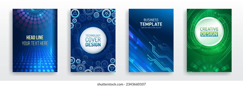 Diseño de portada de documentos corporativos de alta tecnología. Conjunto azul de portadas de alta tecnología para presentación y marketing. Diseño futurista para folletos médicos, científicos, informáticos, folletos y páginas de seminarios web.