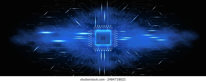 High-Tech CPU on Circuit Board with Glowing Blue Patterns