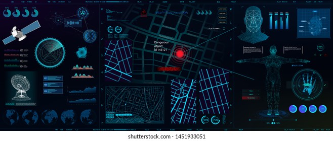 High-tech dashboard for people search. Search, recognition, detection. Biometric smart recognition system (persons, body, fingerprints, palm)
Spyware app for tracking. HUD, GUI, UI vector elements