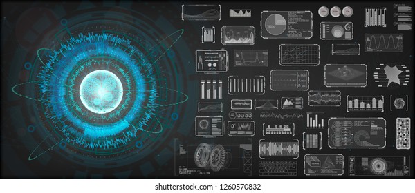 High-tech Design elements set. HUD circular technology concept. Futuristic dashboard elements. Futuristic User Interface, big set. ( graph, waves, arrow, bar regulator, circle, percent) HUD Vector set