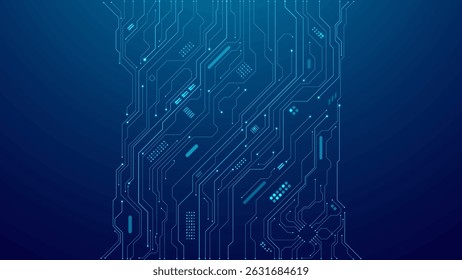 Fondo digital de alta tecnología con un diseño azul abstracto, detalles de placa de circuito y Elementos de chip de IA. Concepto de innovación en tecnologías modernas. Ideal para su uso en presentaciones de tecnología y Diseño web