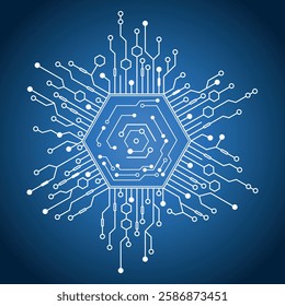 High-Tech Digital Circuit Board with a Blue Hexagonal Core and Complex Network Connections