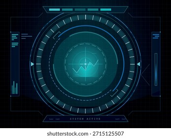 A high-tech digital dashboard displays a circular graph with a waveform, surrounded by various UI elements and data readouts on a grid background.
