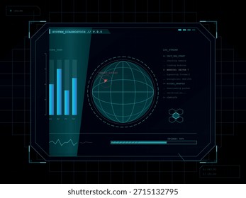 Ein digitales High-Tech-Display zeigt die Systemdiagnose an, einschließlich eines Balkendiagramms, eines Globus mit einer Zielsperre und eines Protokollstroms. Das Interface verfügt über ein schlankes, dunkelblaues und teales Farbschema mit Rasterlinien, das ein Gefühl für fortschrittliche Technologie und Datenverarbeitung vermittelt.