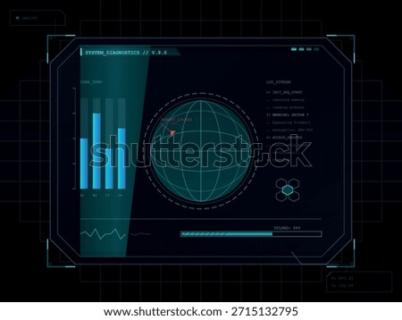 A high-tech digital display shows system diagnostics, including a bar graph, a globe with a target lock, and a log stream. The interface features a sleek, dark blue and teal color scheme with grid lines, conveying a sense of advanced technology and data processing.
