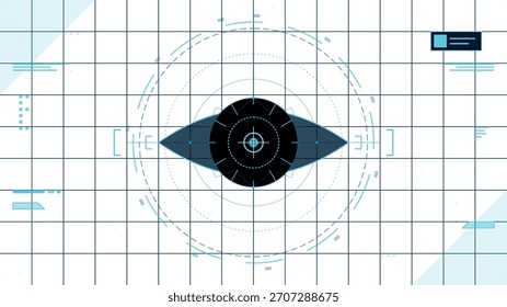 A high-tech digital eye symbol is displayed centrally, surrounded by circular targeting elements on a grid background.