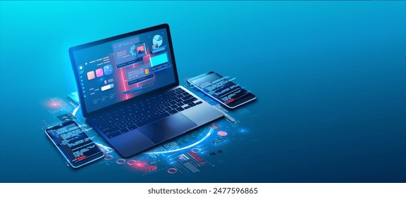 Interfaz digital de alta tecnología que se muestra en el ordenador portátil, dos teléfonos inteligentes, mostrando Elementos de diseño futuristas interfaces de usuario avanzadas en un entorno de temática azul. Desarrollo de Web, codificación y programación.