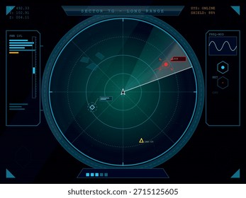 A high-tech, digital radar display showing blips, targets, and system information, evoking a sense of space exploration and advanced technology.