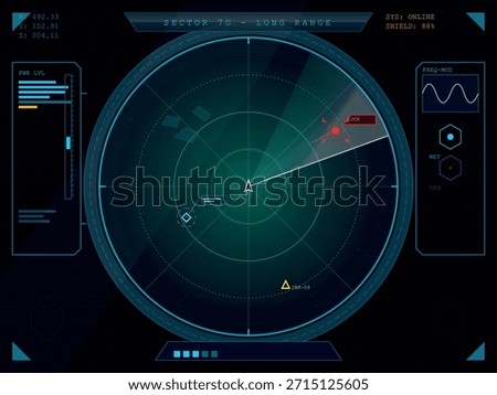 A high-tech, digital radar display showing blips, targets, and system information, evoking a sense of space exploration and advanced technology.