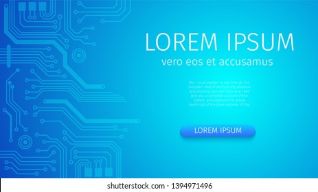 High-Tech Digital Technology. Global Social Media Concept Microcircuits and Processor, Abstract Blue Neon Technological Background. Motherboard. Vector Illustration. Horizontal Banner with Copy Space.