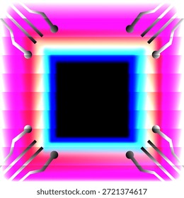 A high-tech futuristic background featuring glowing neon pink and cyan borders around a central black square. Stylized circuit board traces extend from the corners, representing a microchip or processor.
