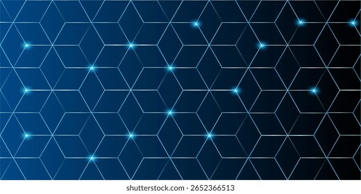 High-tech futuristic hexagon background with glowing neon blue lights and dynamic 3D grid pattern
