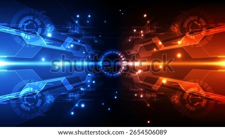 A high-tech futuristic interface showcasing a clash between two opposing energy forces in blue and orange tones. Ideal for sci-fi, competition, cyberpunk, or technology battle concepts.