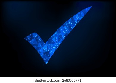 Una marca de verificación azul brillante de alta tecnología compuesta de líneas poligonales interconectadas y puntos, renderizada en un estilo de baja poli 3D