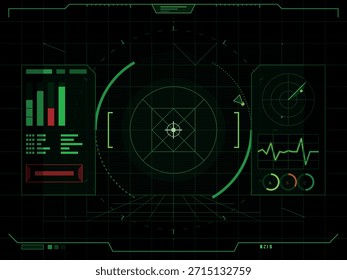 Una interfaz digital verde de alta tecnología muestra una pantalla de radar, varios gráficos y lecturas de datos, evocando una sensación de ciencia ficción y tecnología avanzada.