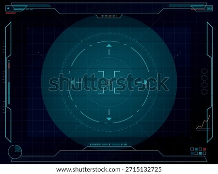 A high-tech Heads-Up Display (HUD) with a central target reticle, a circular radar-like interface, and various graphical readouts. The dark blue background with cyan and red accents evokes a sense of advanced technology and sci-fi aesthetics.