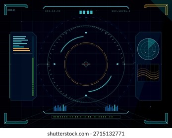 A high-tech heads-up display (HUD) featuring a central targeting reticle, radar, data readouts, and graphs, presented on a dark, grid-lined background.