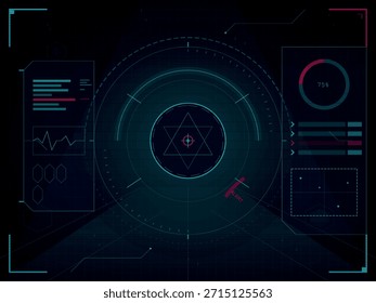 A high-tech Heads-Up Display (HUD) interface featuring circular target reticles, data charts, progress bars, and alerts. This futuristic graphic elements evokes themes of technology, science, and surveillance.