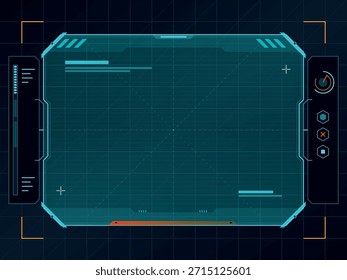 Ein High-Tech Head-Up Display (HUD) Interface mit einem blauen und orangefarbenen Farbschema. Die Benutzeroberfläche verfügt über einen Rasterhintergrund, Datenauslesevorgänge und Navigationssymbole, die ein Gefühl für fortschrittliche Technologie und digitale Systeme hervorrufen.