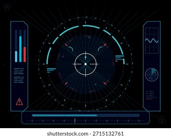 Una interfaz Heads-Up Display (HUD) de alta tecnología con una retícula de orientación central, gráficas digitales, radar y Mensajes de error, colocados sobre un fondo oscuro y alineado en cuadrícula.