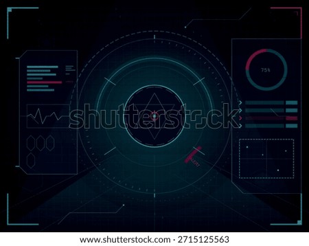 A high-tech Heads-Up Display (HUD) interface featuring circular target reticles, data charts, progress bars, and alerts. This futuristic graphic elements evokes themes of technology, science, and surveillance.